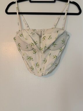 Floral Sweetheart Bustier Crop Top - White with Yellow Print